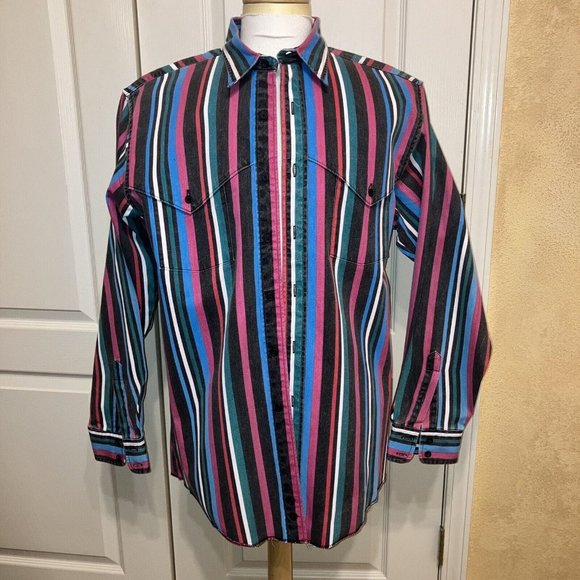 Vintage 90's WRANGLER Western Shirt BRUSHPOPPER Striped - Sz 16.5 / 35 Excellent